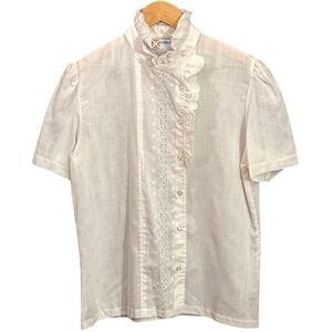 Vintage DC Collections Blouse Cottagecore Victorian Ruffle Lace Eyelet White Top
